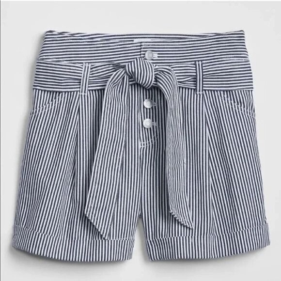 Gap High Rise Pleat Front Striped Cuffed Paperbag Shorts Button Fly Sz 8 - Picture 3 of 14